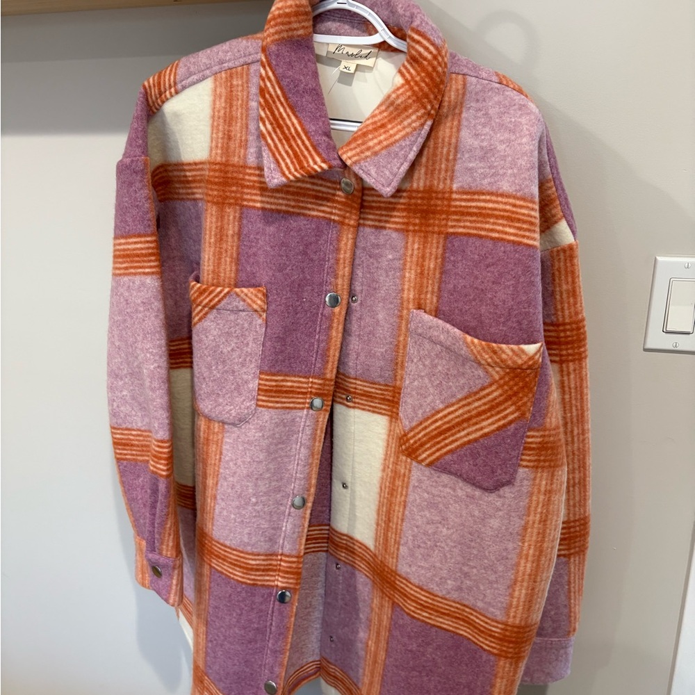 Stylish Plaid Utility Jacket in Purple and Orange